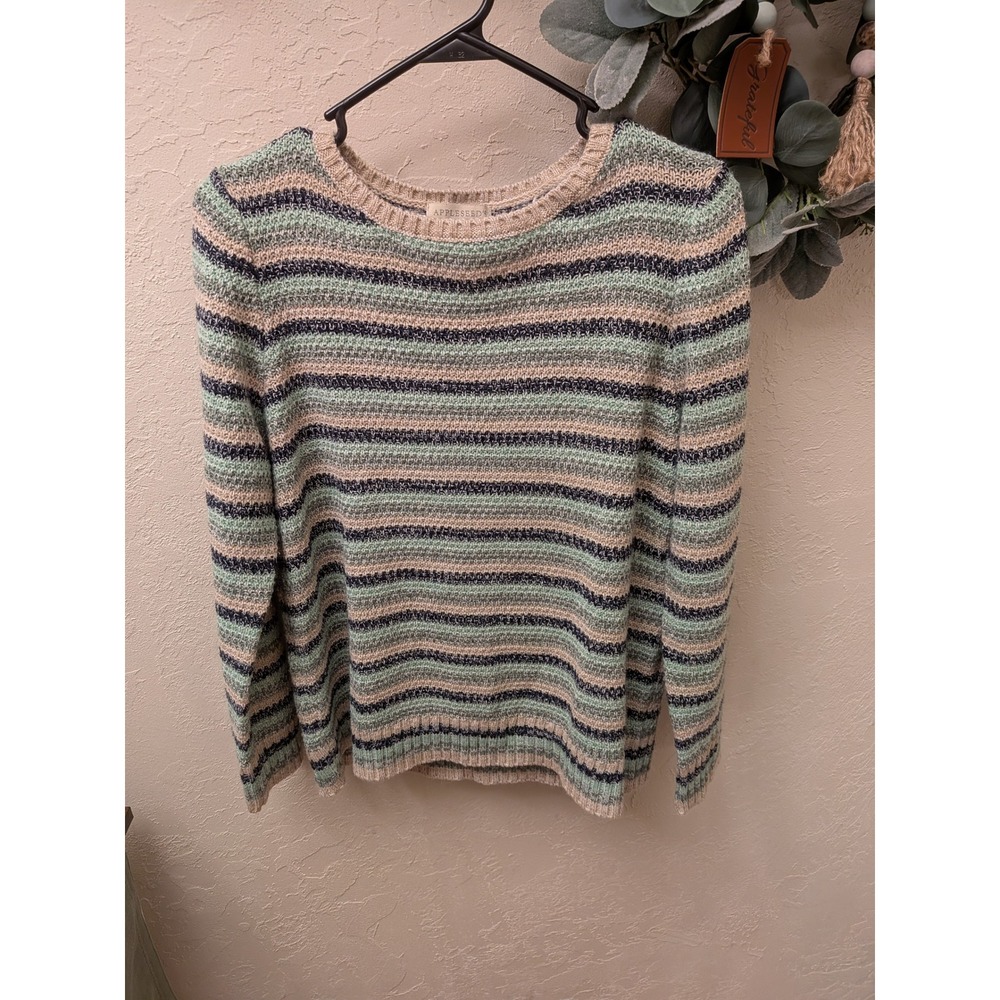 Appleseeds Petites Womens PM Striped Crewneck Sweater Green Blue Beige Knit
